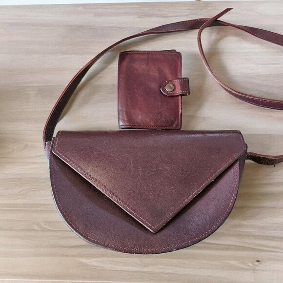 Vintage 80s Oxblood Leather Saddle Bag Purse W Wallet‎ Half Moon Brazil Boho - Picture 1 of 16
